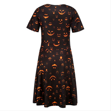 Halloween Disfraz Vestido de Manga Corta Estampada de Calabaza Vestido de Fiesta para Adultos Femenino